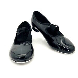 Dance Class Trimfoot Tap Shoes Girls Size 2 Black Patent Faux Leather Ribbon Tie